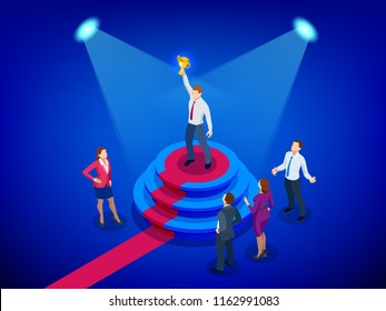 Isometric Winner Business And Achievement Concept. Business Success. Big Trophy For Businessmen.