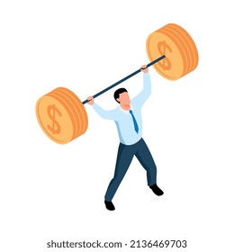 Composición de empresario vencedor isométrico con carácter humano de trabajador de negocios levantando moneda de baraja en la ilustración vectorial en blanco