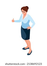 Composición de empresario, vencedor isométrico, con carácter humano, de empresaria con el pulgar hacia arriba en la ilustración vectorial de fondo en blanco
