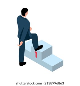 Composición de empresario isométrica con carácter humano de empresario levantando podio de ganadores sobre ilustración vectorial de fondo en blanco