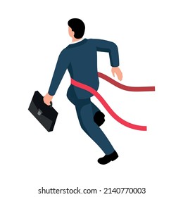Isometric winner businessman composition with human character of running businessman crossing finish line on blank background vector illustration