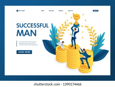 Isometric the winner with the prize, competitors are scrambling to take away the Cup. Template landing page