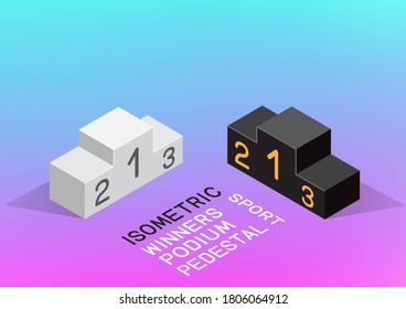 Isometric winners podium with shadow on pink and blue color background. Black and white sport pedestal with numbers set. Gold silver bronze prize platform