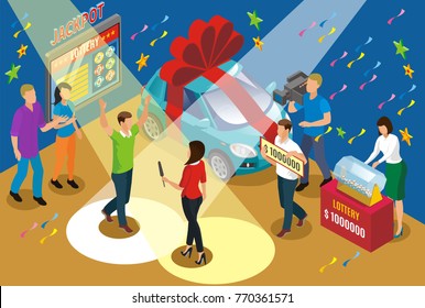 Isometric winning lottery concept with reporters car as prize and jackpot happy winner under spotlight vector illustration 