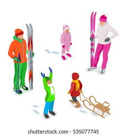 Isometric Winter activities people. Man and woman with skis, children playing snowballs and sledding. Winter sport for family. Christmas vacation.