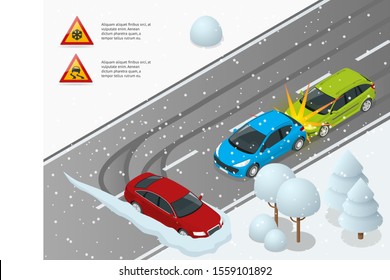 Isometric Winter Driving and road safety. The car rides on a slippery road. Urban transport. Can be used for advertisement, infographics, game or mobile apps icon.