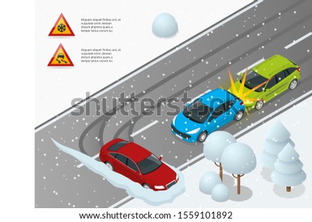 Isometric Winter Driving and road safety. The car rides on a slippery road. Urban transport. Can be used for advertisement, infographics, game or mobile apps icon.