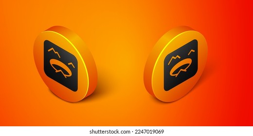 Isometric Winter fishing icon isolated on orange background. Round ice frame. Hole in ice. Orange circle button. Vector
