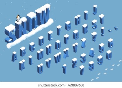Isometric winter font alphabet with snow. Flat Vector illustration. Isometric abc. Letters, numbers and symbols. Christmas winter holidays vector elements