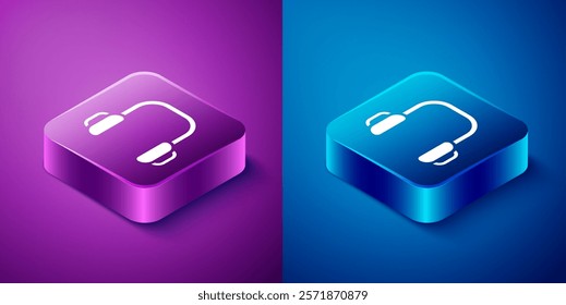 Isometric Winter headphones icon isolated on blue and purple background. Earmuffs sign. Square button. Vector