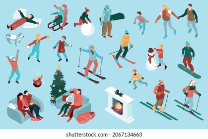 Isometric winter holiday color set with isolated icons of people doing sports with cozy interior elements vector illustration