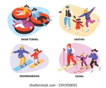 Isometric winter holiday compositions set with text and human characters in warm clothes on ski and snowboards vector illustration