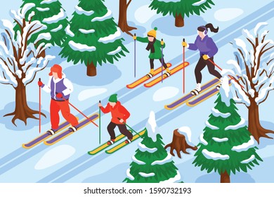 Isometric winter holiday skiing composition with forest landscape and group of teenage characters running on ski vector illustration