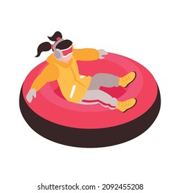 Isometric winter holiday time composition with character of child sledding on inflatable tube vector illustration
