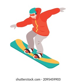 Isometrische Winterurlaubszeitkomposition mit Charakter des Kindes in Winterbekleidung Snowboarder Vektorgrafik