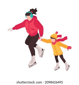 Isometric Winter Holiday Time Composition With Character Of Boy Skating With Mother Vector Illustration