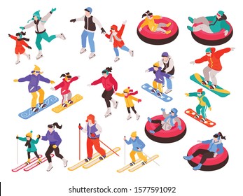 Isometric winter holiday time set with isolated characters of children and adults during sport activities vector illustration