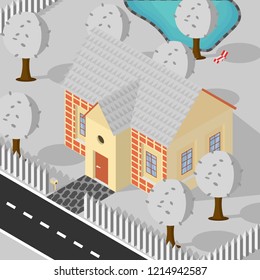 Isometric Winter House with a Pool and Trees Illustration Background