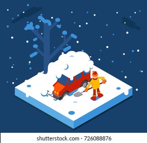 Isometric Winter Man Digs Car Out Snow Flat Background Design Vector Illustration
