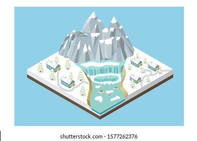 isometric winter mountains background, with waterfall, river, trees, house and snow