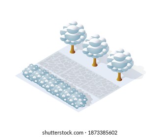 Isometric Winter Park with snow, trees. A conceptual object for web gaming, design and creativity.