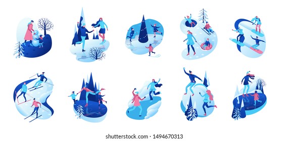 Isometric Winter People, 3d Vector Illustration Set, Sport Family Ice Skating, Skiing, Snowboarding, Playing Snowballs, Kid On Sleigh, Simple Skater, Tubing, Outdoor Snow Games, Cartoon Characters