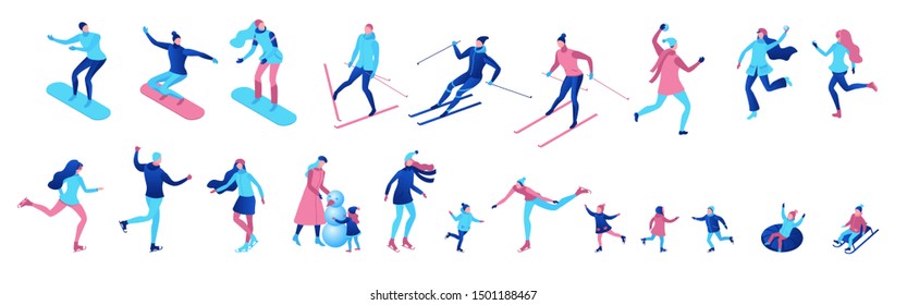 Isometric winter people set isolated, 3d vector sport family ice skating, skiing, snowboarding, playing snowballs, kid on sleigh, simple skater, ski, tubing, outdoor snow games, cartoon characters