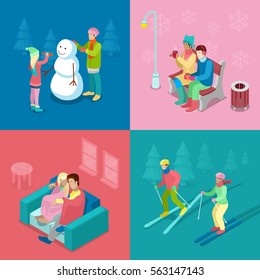 Isometric Winter People. Skiing Couple, Girl and Boy Making Snowman, Walking Outdoor. 3d flat vector illustration