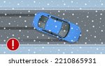 Isometric winter slippery road, car accident. Urban transport. Car turning on a slippery road. Slippery road warning road sign.