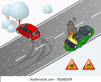 Isométrica carretera resbaladiza de invierno, accidente de coche. El coche pasa por una carretera resbaladiza. El auto se estrelló contra un árbol, el auto se volvió y se incendió. Transporte urbano.