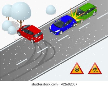 Isometric winter slippery road, car accident. The car rides on a slippery road. The car crashed into a tree. Urban transport.