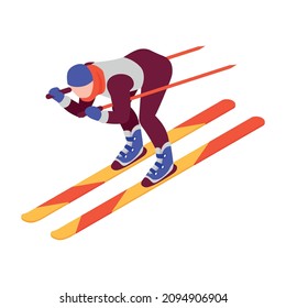Isometric winter sport composition with human character of skier moving on ski vector illustration