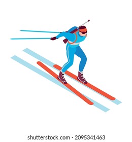 Isometric winter sport composition with human character of biathlonist running on ski vector illustration