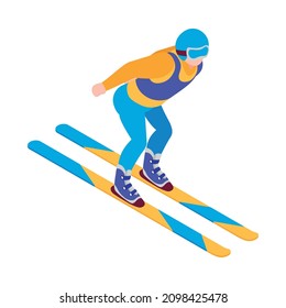 Isometric winter sport composition with human character of moving ski jumper vector illustration