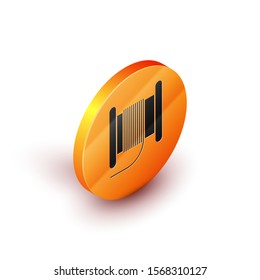 Isometric Wire electric cable on a reel or drum icon isolated on white background. Orange circle button. Vector Illustration