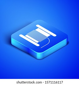Isometric Wire electric cable on a reel or drum icon isolated on blue background. Blue square button. Vector Illustration
