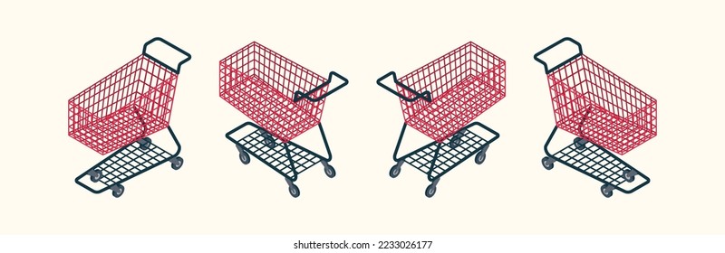 Carro de compras de alambre isométrico. Cochecito rojo vacío o carrito de la compra en un fondo aislado. Carrito de tranvía isométrico. Ilustración del vector