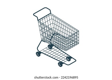 Isometric wire shopping cart. Empty red colored pushcart or shopping cart on isolated background. Isometric trolley cart. Vector illustration
