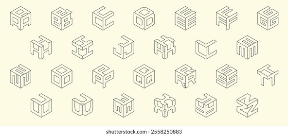 Isometric wireframe alphabet. Cube font. Isometric 3d font, three-dimensional alphabet letters, vector illustration.