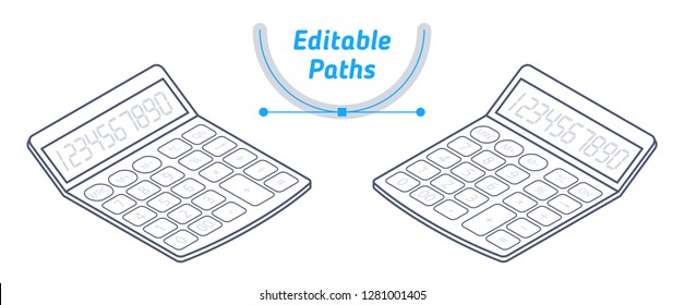 The isometric wireframe model of office calculator. The outline 3d illustration with editable paths. The technical drawing of accounting calculator with keyboard. The business bookkeeping accessory.