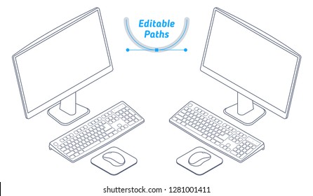 The isometric wireframe model of office desktop computer. The outline 3d illustration with editable paths. The technical drawing of business personal computer. The pc with keyboard, monitor, mouse.