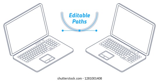 The isometric wireframe model of office laptop set. The outline 3d illustration with editable paths. The technical drawing of business portable computer. The mobile pc with keyboard, screen, touchpad.