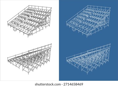 Isometrische Drahtgitter Technische Zeichnung von Bleacher Sitzstruktur aus verschiedenen Perspektiven