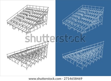 Isometric Wireframe Technical Drawing of Bleachers Seating Structure from Different Perspective