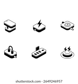 Ícones isométricos da estação de carregamento sem fio Ilustrações de dispositivos em preto e branco minimalistas modernos para sites de tecnologia e dispositivos