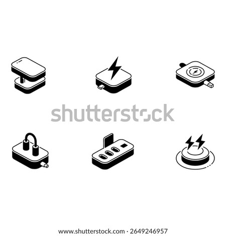 Isometric Wireless Charging Station Icons Modern Minimalist Black and White Device Illustrations for Technology and Gadget Websites