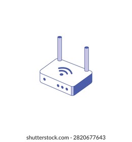 Isometric wireless internet router with signal icon and antennas. Minimalist isometric router in blue and purple shades featuring two antennas and a wifi symbol. Ideal for technology blogs or network connectivity infographics.