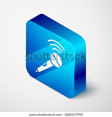 Isometric Wireless microphone icon isolated on grey background. On air radio mic microphone. Speaker sign. Blue square button. Vector