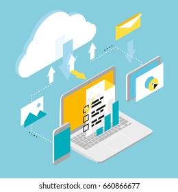 Isometric wireless mobile devices, computer, cloud computing, work with documents and data
