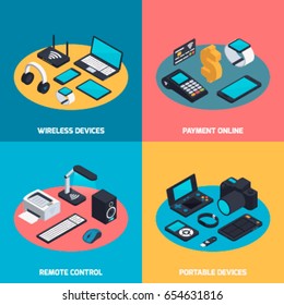 Isometric wireless mobile devices design concept with compositions of computer equipment and gadgets on round surface vector illustration